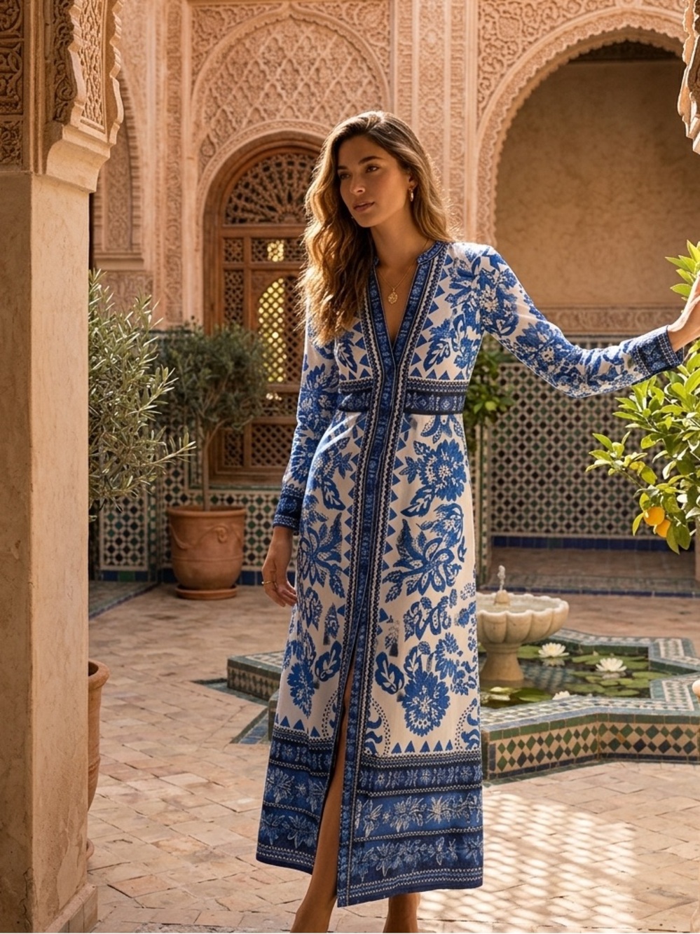 Caroline Constas Blue & White Linen Floral Maxi Dress